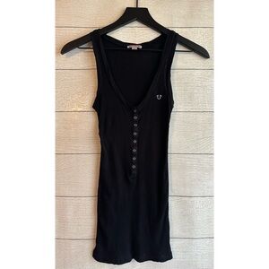 True Religion Henley Ribbed Rhinestone Tank Top Black Y2k Hip Length Cotton XS